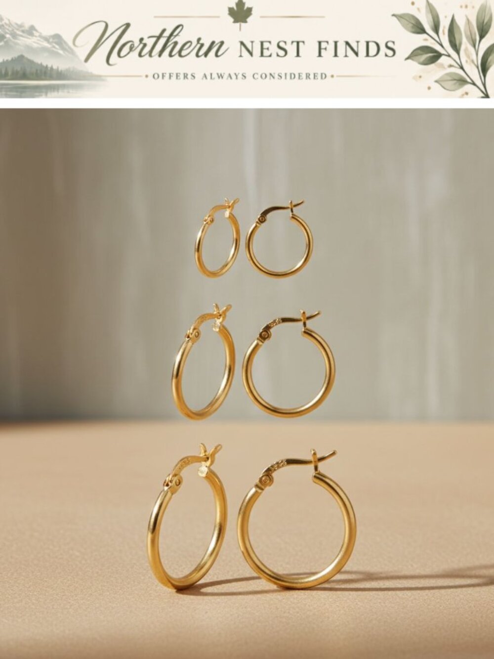 Sterling Silver Hoop Earrings Set 14k Gold Plated Hypoallergenic 3 Pairs